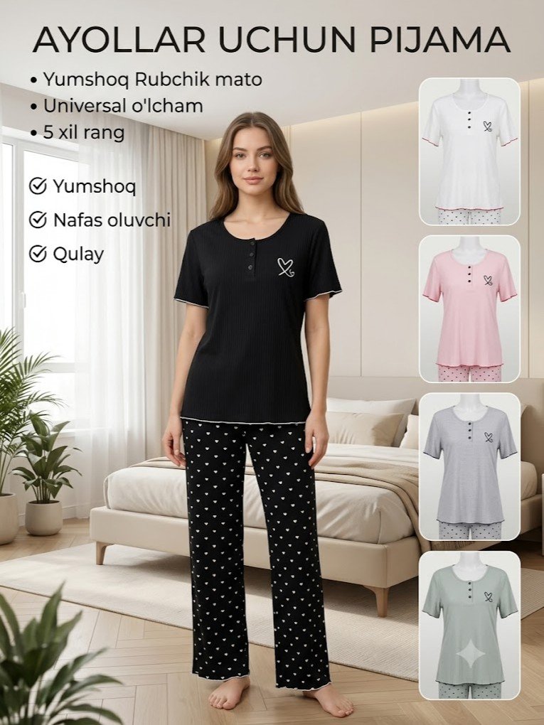Ayollar uchun uy kiyimi to'plami (pijama), model 5172# — futbolka va shim  a3q17d    17836