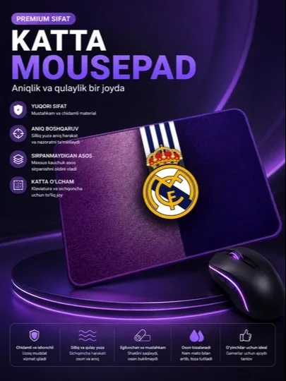 Sirpanmaydigan asos va yuqori aniqlikdagi sensorga ega katta sichqoncha o‘yin gilami