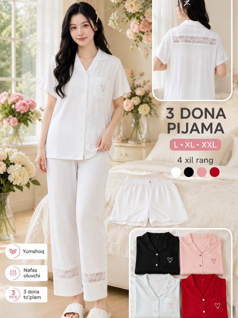 Ayollar uchun 3 dona uy kiyimi to'plami (pijama) — "lapsha" trikotaj, dantel bezakli kurtka, shim va shorti    a3q17d   17872