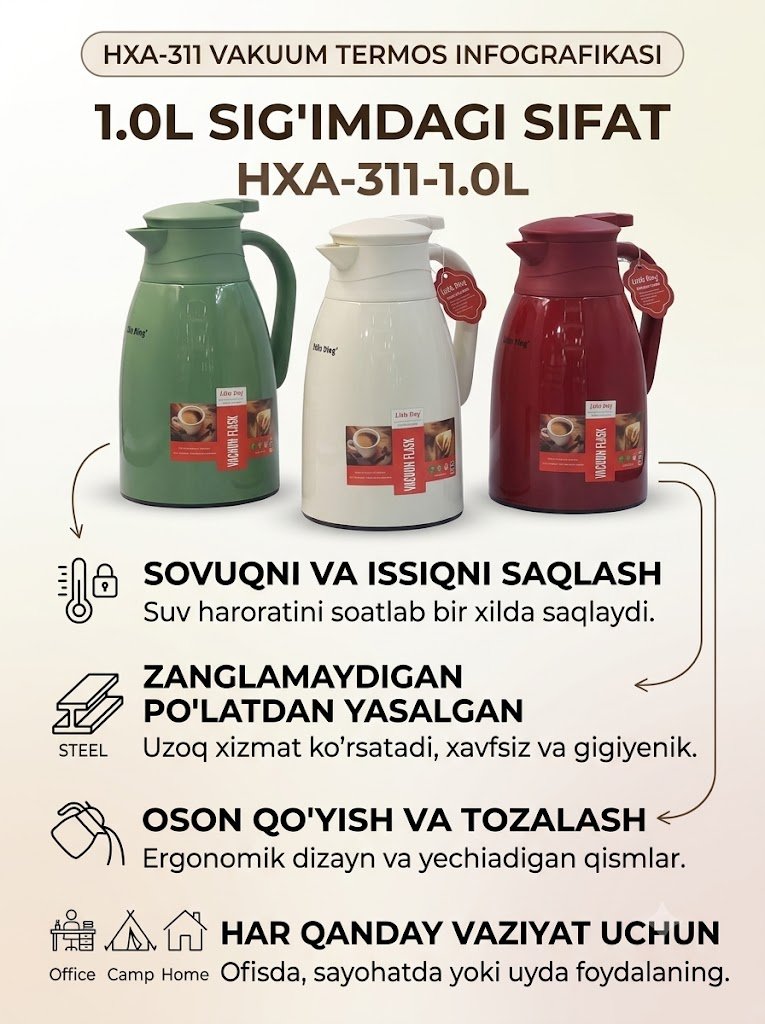 Zamonaviy 1.0 litrli vakuumli ko'za-termos (HXA-311) 18134  c.2q.23d