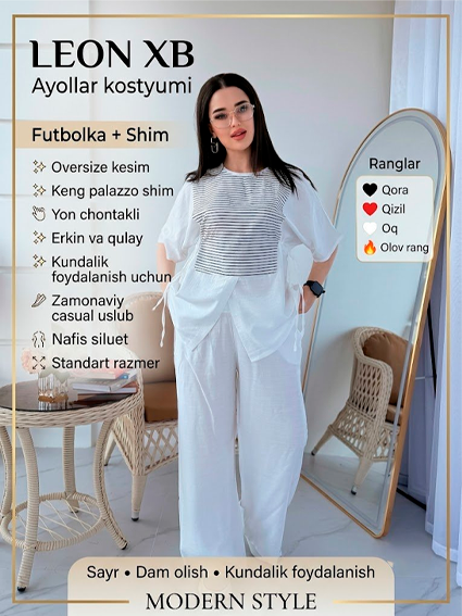 Leon XB ayollar kostyumi — futbolka va shim, oversize, qora qizil oq olov rang, standart razmer, chontakli   b542d  14728