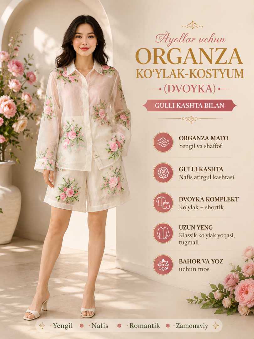 Ayollar uchun organza ko'ylak-kostyum (dvoyka) — gulli kashta bilan   b7q326d 17778