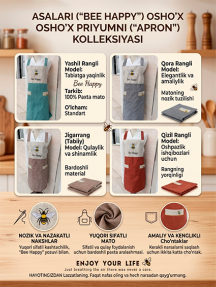 Oshxonada qulaylik va ko'tarinkilik bag'ishlovchi "Bee Happy" ayollar fartugi!  18295   c.2q.23d