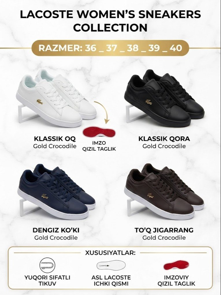 Lacoste uslubidagi klassik krossovkalar – Qizil taglikli (Red Sole) premium model  17272