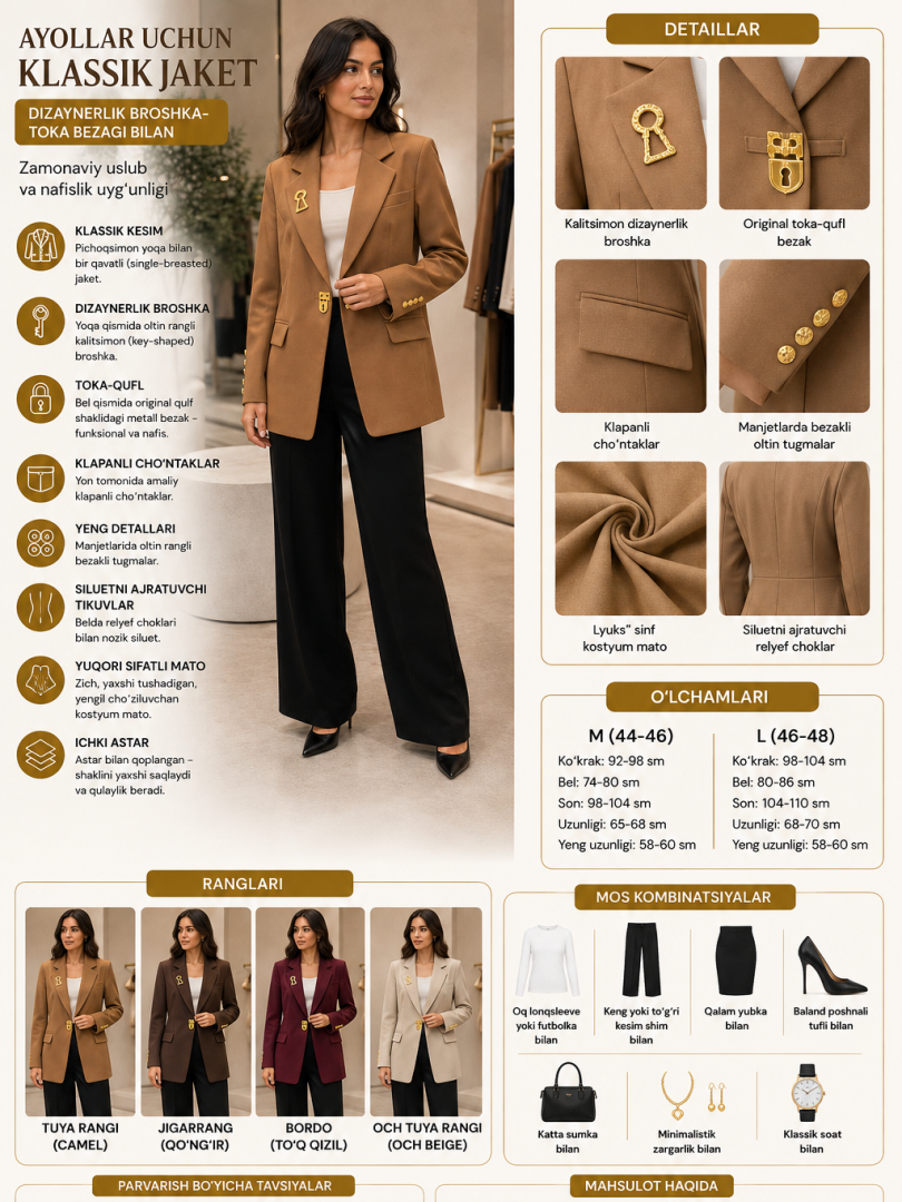 Ayollar uchun klassik jaket — dizaynerlik broshka-toka bezagi bilan   b1b3q40d