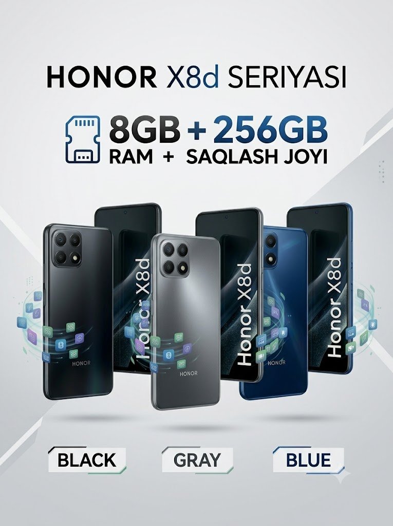 HONOR X8d 8GB RAM 256GB xotirali premium smartfon Black / Gray / Blue  15085
