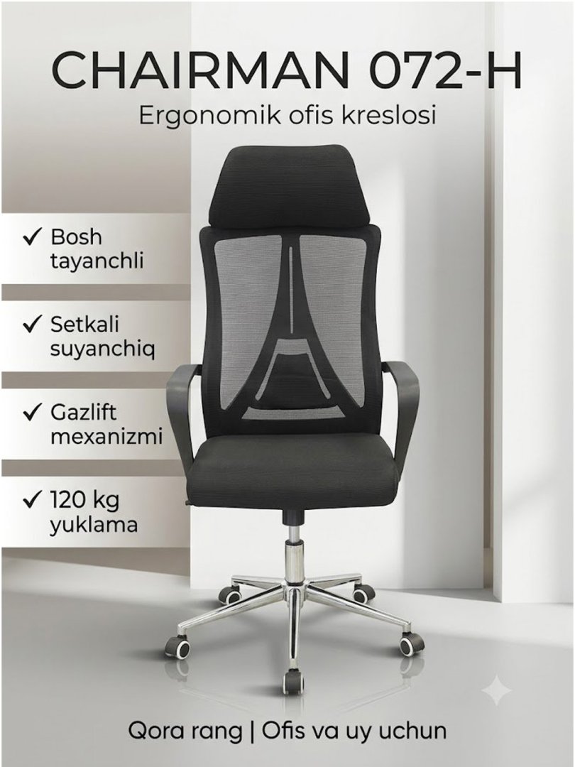 Ofis kreslosi CHAIRMAN 072-H Black, ergonomik, setkali suyanchiq, bosh tayanchli  14676