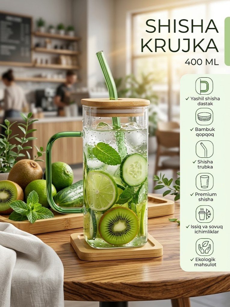 Shisha stakan (kружка) — yashil dastali, bambuk qopqoq va shisha trubkali, 400 ml   c1q707d   17560