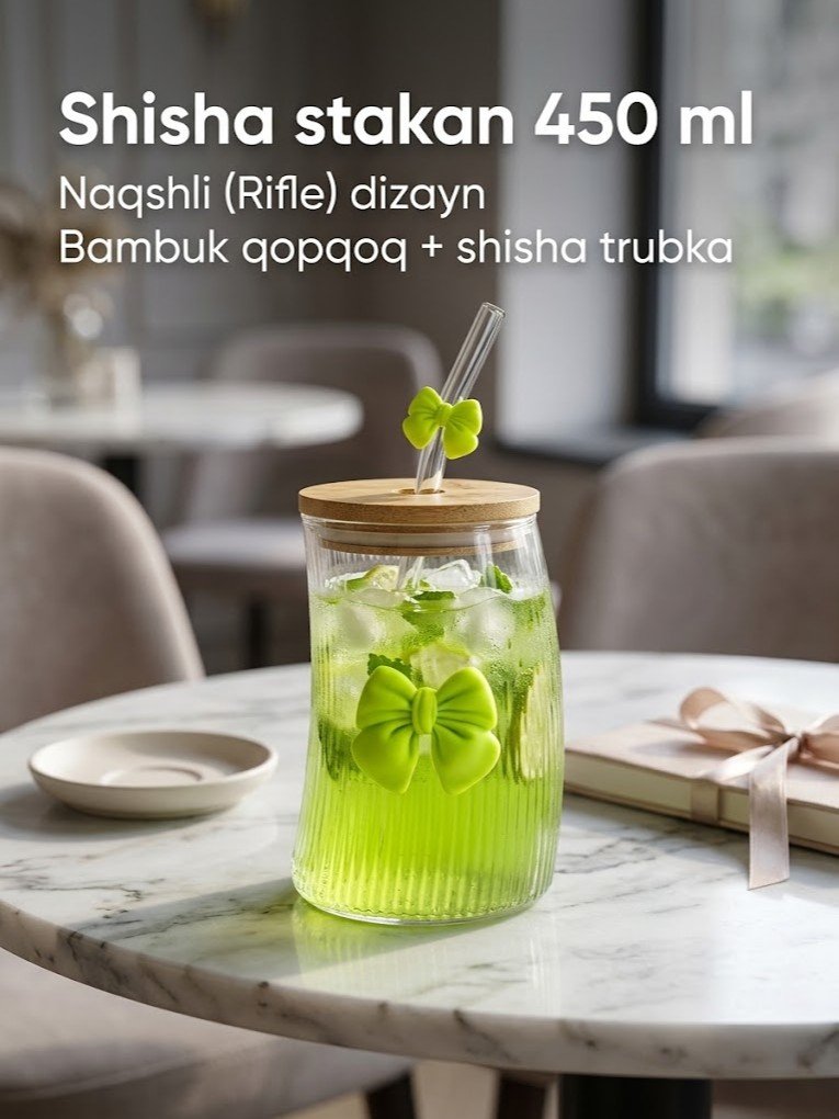 Shisha stakan — bantcha (bow) dizaynli, bambuk qopqoq va trubkali, naqshli (rifle) shaklda, 450 ml    c1q707d   17574