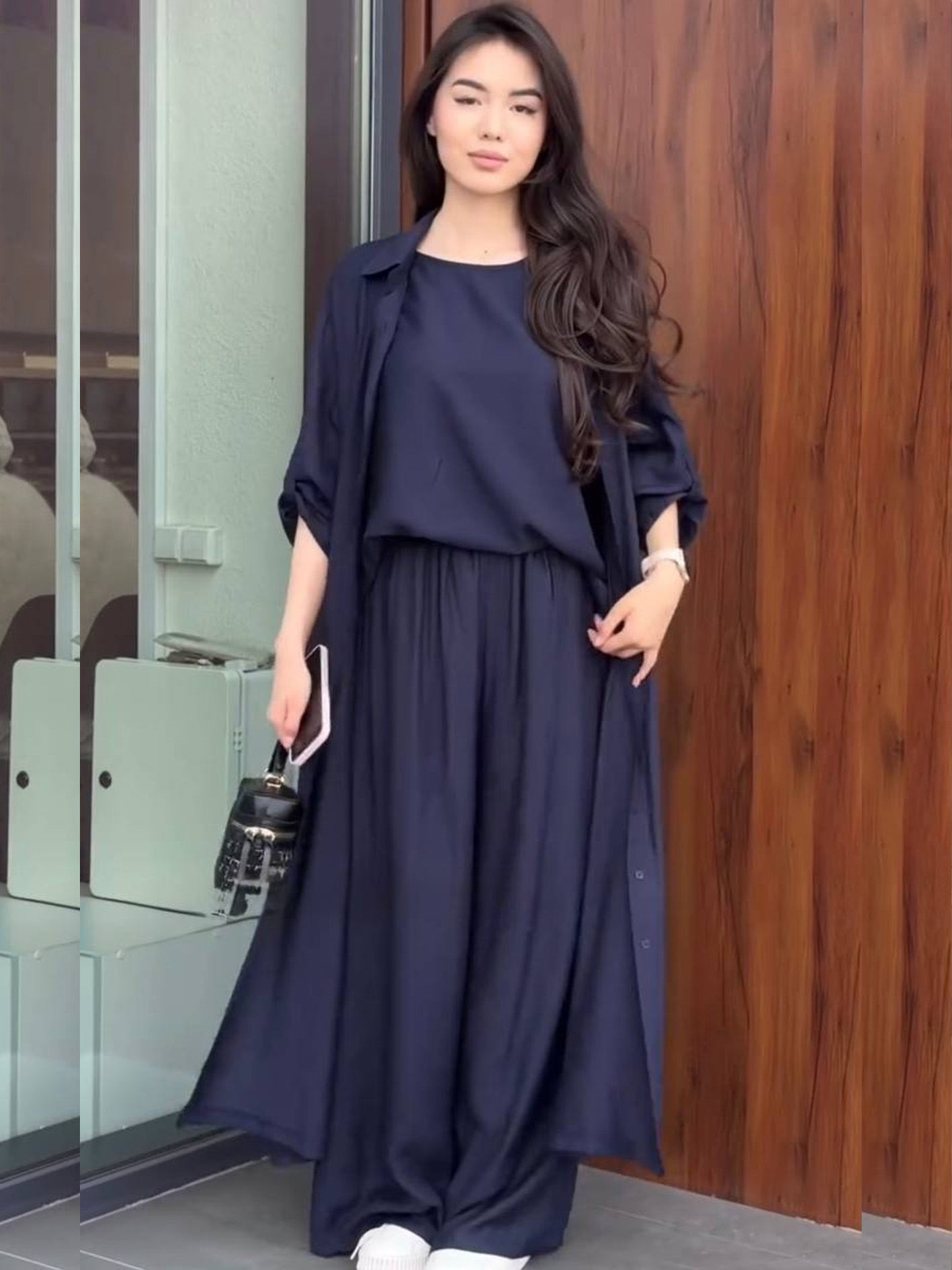 Ayollar uchun abaya uslubidagi uchlik kiyim to‘plam (yengsiz kofta, ichki kofta va shim) b8q550 d