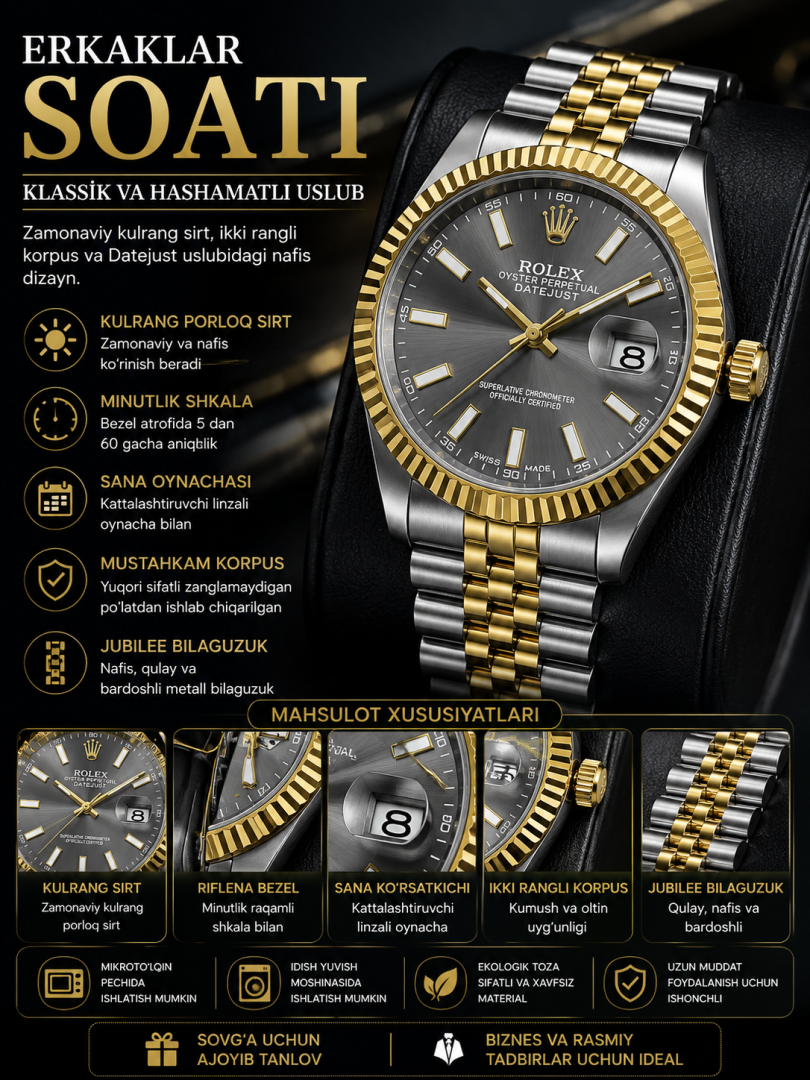 Erkaklar soati — kumush va oltin rangli korpus, kulrang sirt, minutlik shkala bilan, "Datejust" uslubidagi klassik dizayn, sana oynachali     16933