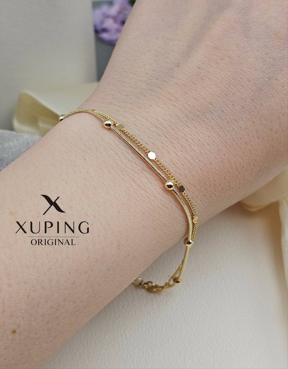 Xuping Original — ikki qatorli ingichka oltin rangli bilakuzuk of14d