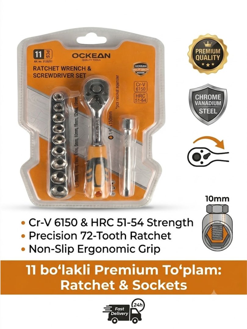 OCKEAN 11 qismli Premium Ratchet va Sockets to‘plami – Professional asboblar to‘plami