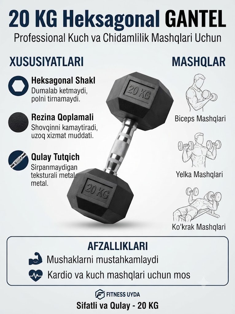 Professional Heksagonal Gantel 20 kg – Og‘ir atletika va intensiv kuch mashqlari uchun  16972