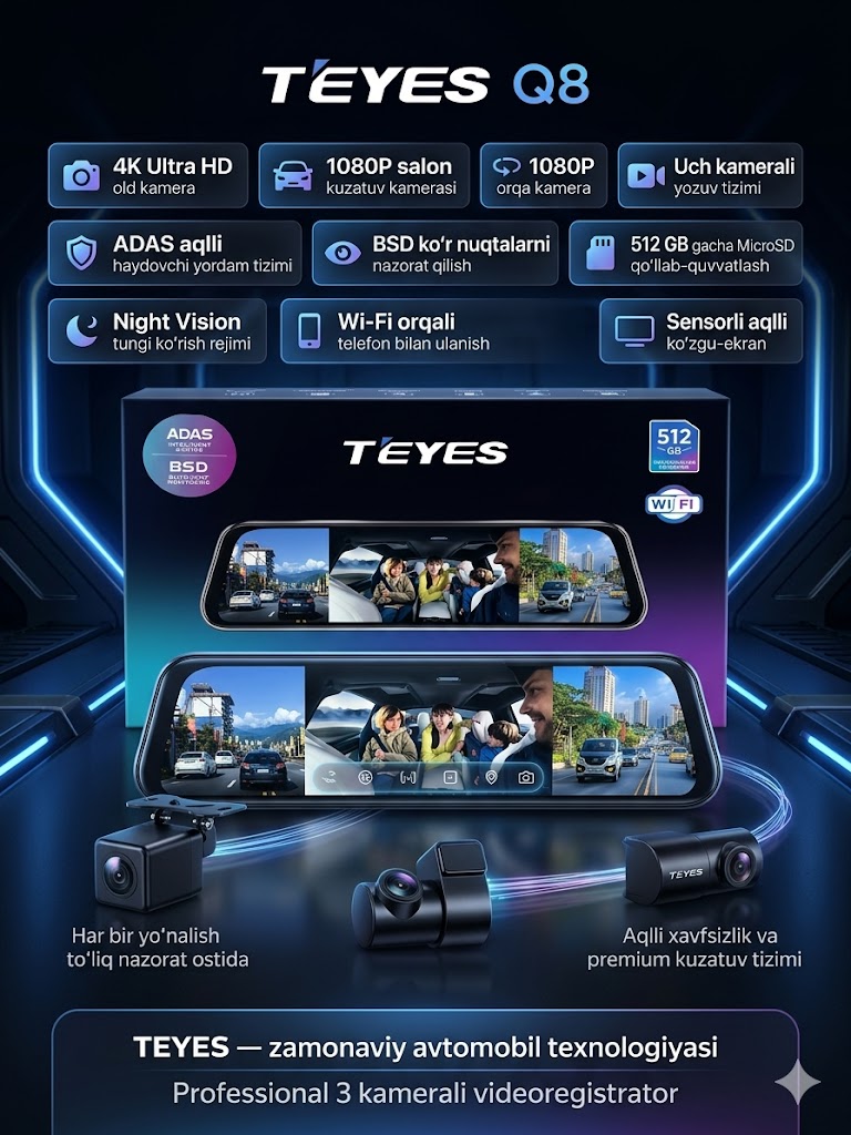 TEYES Q8 — Uch Kamerali Aqlli Oqimli Videoregistrator TEYES Q8 — Уч Камерали Ақлли Оқимли Видеорегистратор  SM