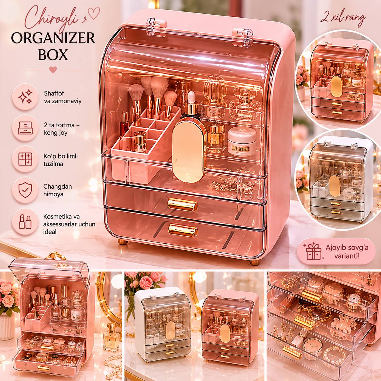 Chiroyli Organizer Box — shaffof qopqoqli va 2 ta tortmali kosmetika va aksessuarlar organayzeri (30x16x40 sm)  19507  o.p.p15p