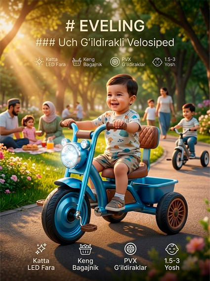 Bolalar Uch G'ildirakli Velosiped — EVELING | Farali | Ko'k | 1.5-3 Yosh | Birinchi Velosiped  14602