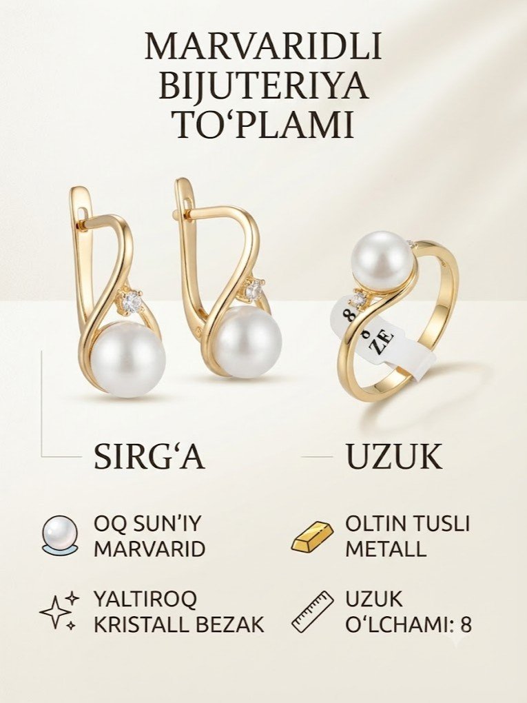 Marvarid va toshcha bilan bezatilgan sirg'a va uzuk to'plami  rd 18458