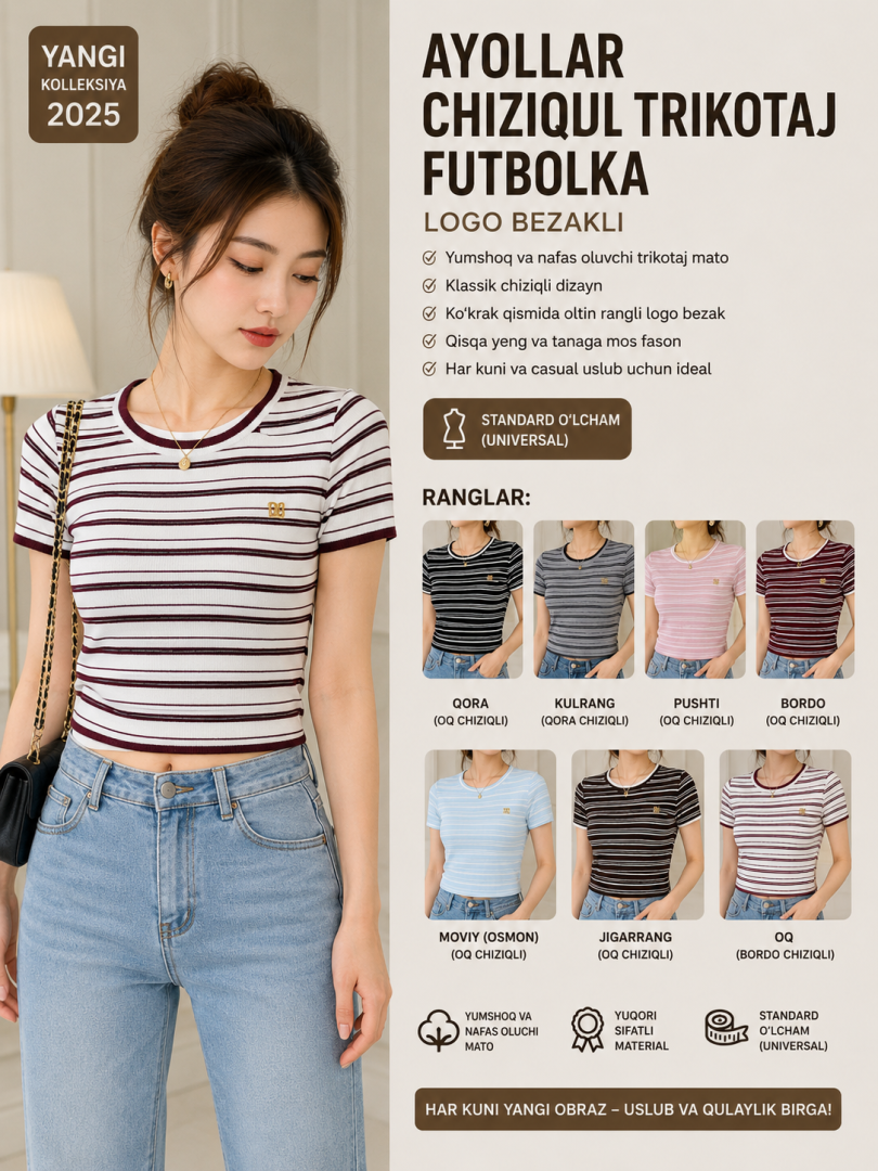 Ayollar chiziqli trikotaj futbolka — logo bezakli  b5q285d  19409