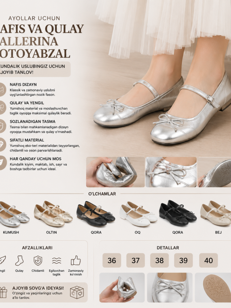 Ayollar uchun band bilan bezatilgan klassik balerinka (ballet flat) poyabzali   18362