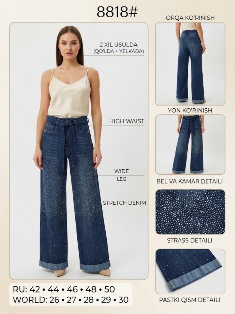 Ayollar breeches jinsi shim — toshli bezakli, keng oyoqli, yuqori bel  b1q9d185d