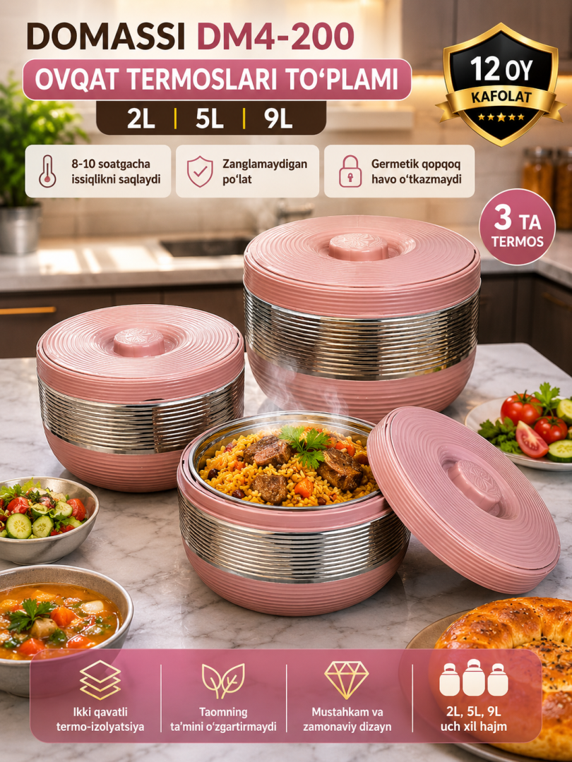 Domassi Ovqat Termoslari To‘plami DM4-200 | 3 dona | 2L, 5L, 9L | Zanglamaydigan po‘lat | 12 oy kafolat c1q47d 14342