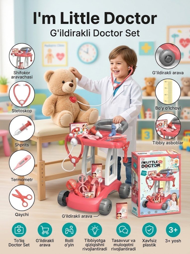 "I'm Little Doctor" — g'ildirakli shifokor arava o'yinchoq to'plami (Doctor Set)    g103d   17512
