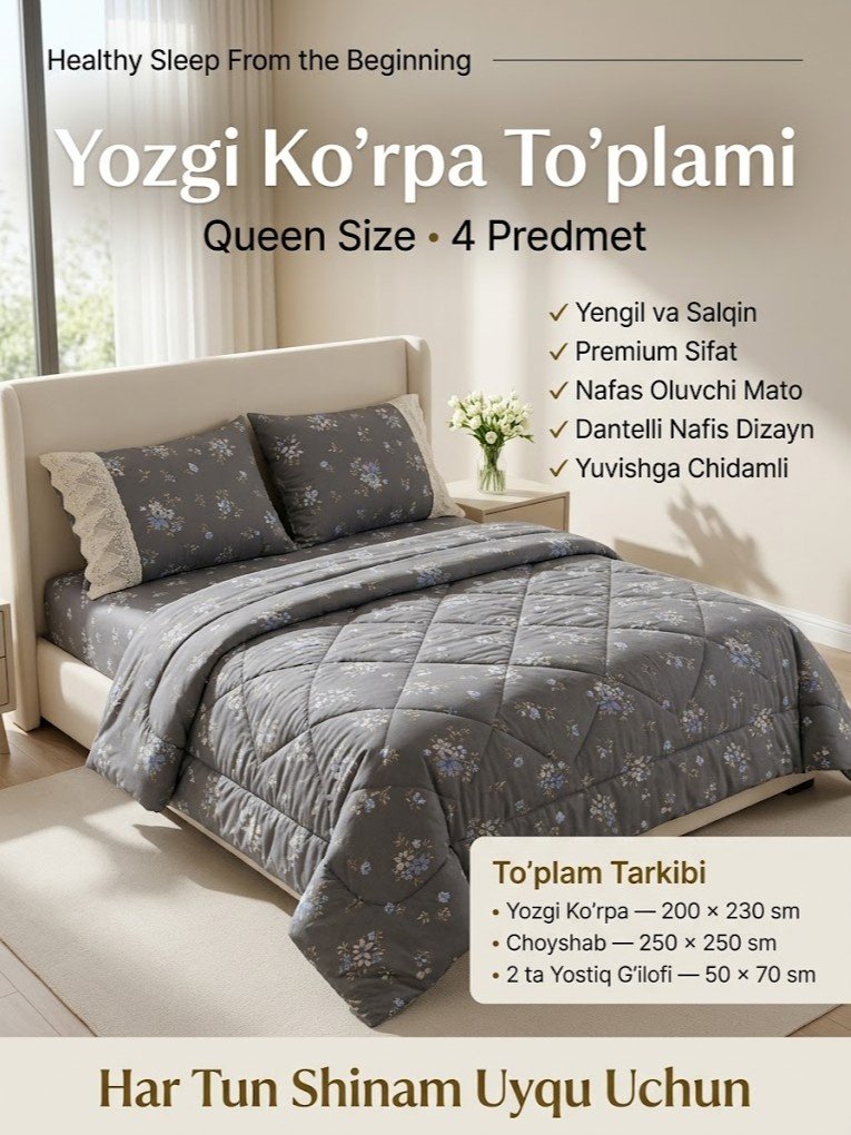 Yozgi ko'rpa (Quilt/Comforter) — Karavot to'plami (Queen size, 4 predmetli)   a5aq13d   17320