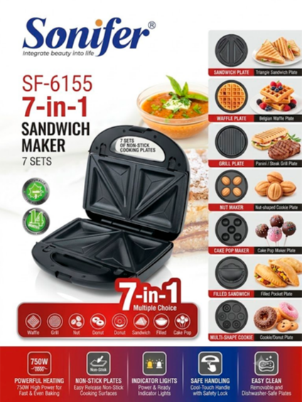 Sonifer SF-6155 7 tasi 1 da Sendvich pishirgich va Toster – 750W, olinadigan yopishmaydigan panellar, ergonomik dizayn   17139