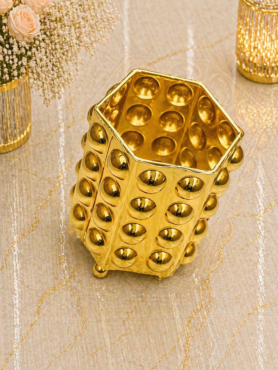 ENGLISH HOMES Original Oltin Rangli Ko‘pburchak Shaklidagi Qabariq Hashamatli Idish va Qalamdon   19441  o.p.p15p