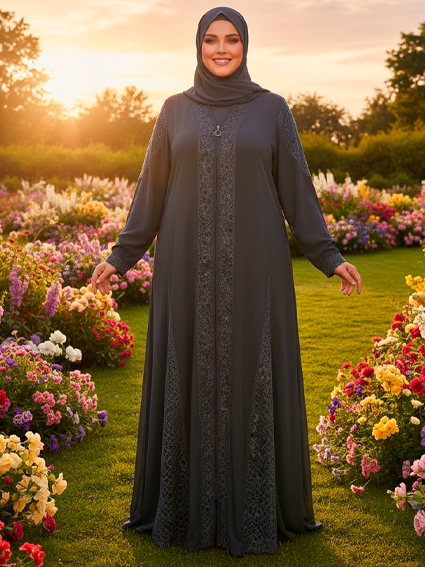 Ayollar uchun dantelь bezakli abaya — zipper yoqali, standart o'lcham  15241