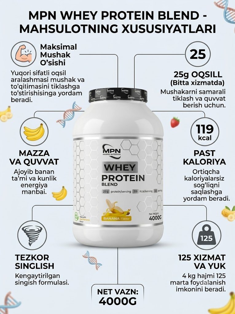 MPN Whey Protein Blend Banana Flavour (4000 g) – Mushak massasini oshirish va tez tiklanish uchun premium oqsil! 18149
