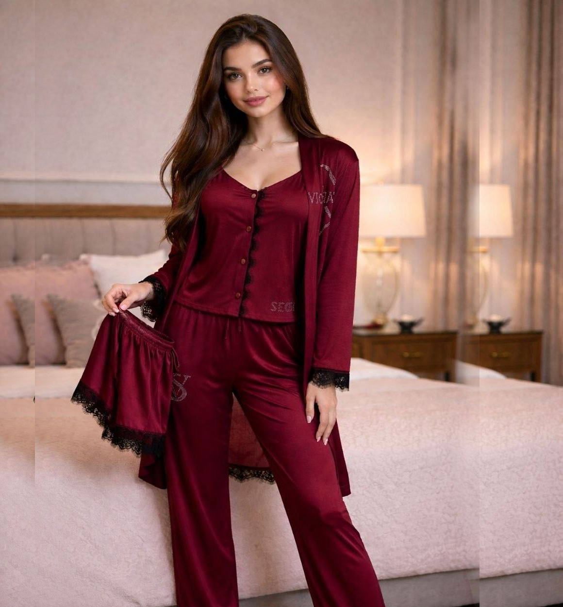 AYOLLAR UCHUN 4 QISMLIK PIJAMA – MAYKA, BRYUKI, SHORTIK VA YENGIL XALAT a8q5d
