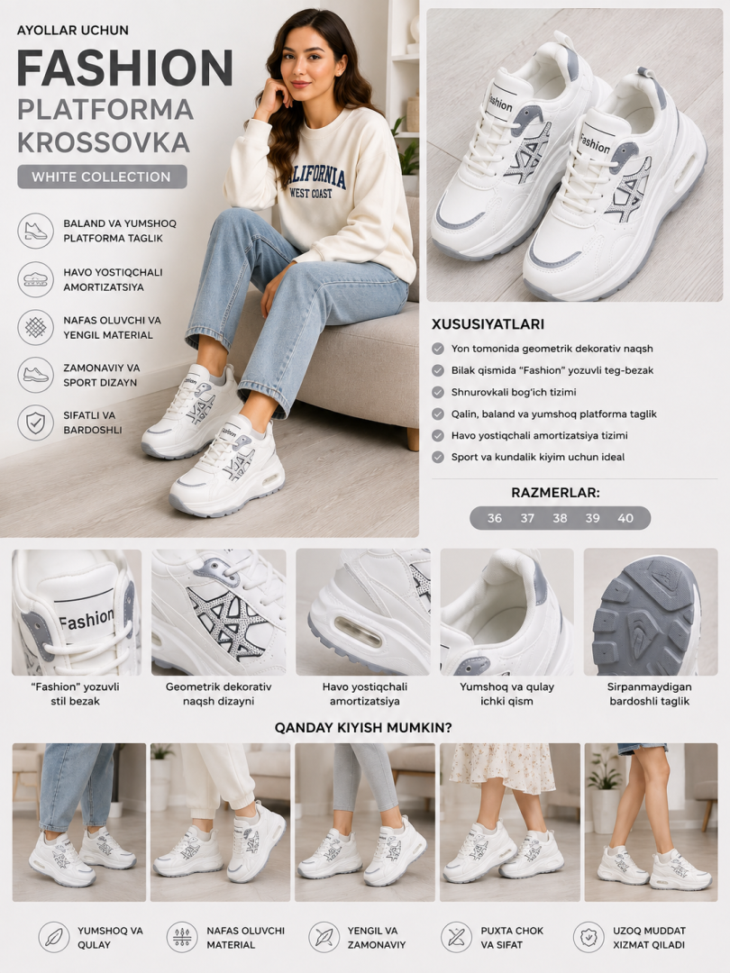Ayollar uchun oq rangli platforma krossovka ("Fashion" yozuvli model)   19597