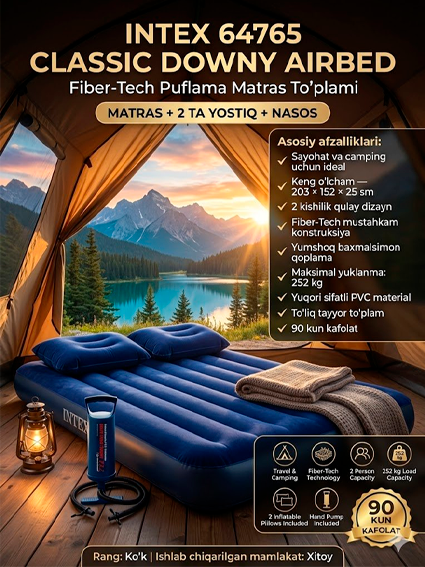 Intex 64765 Classic Downy Airbed Fiber-Tech — Puflama matras to'plami (152x203x25 sm) + 2 ta yostiq + nasos  14543