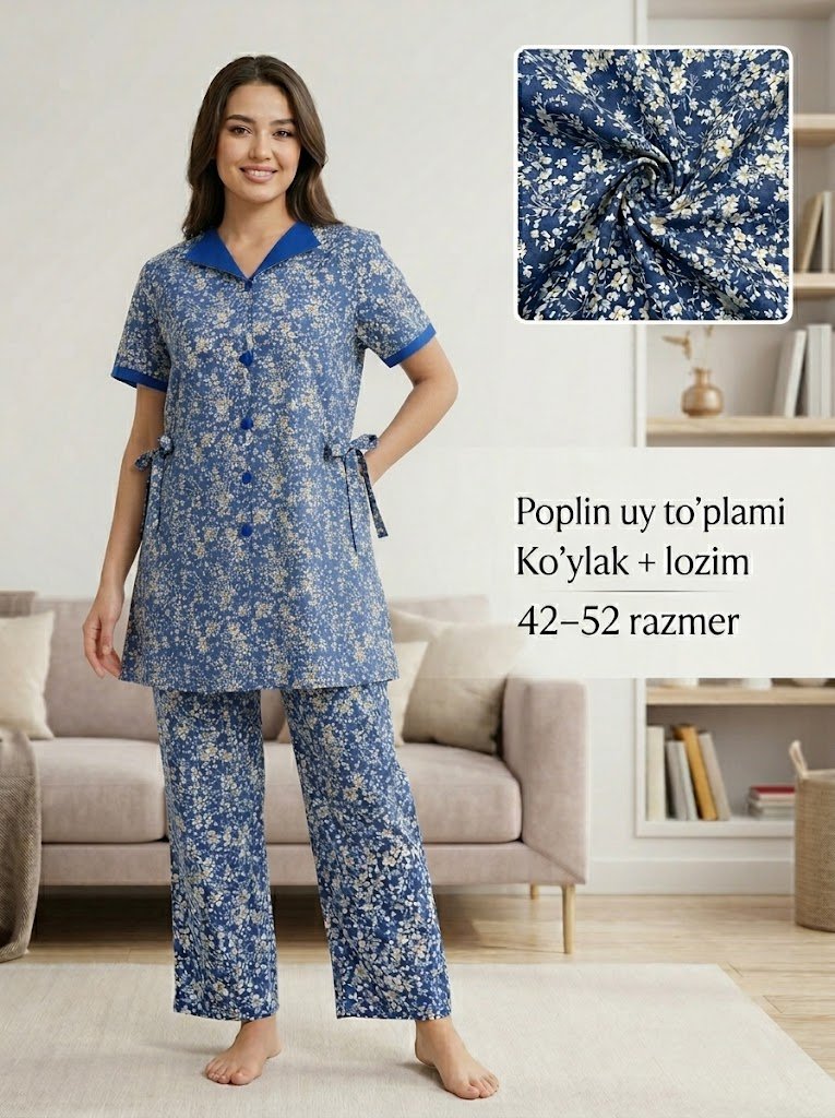 Ayollar uchun ikki qismlik uy to'plami – Poplin ko'ylak va lozim, 52-razmergacha   15732