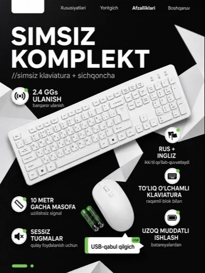 Kompyuter va noutbuk uchun simsiz klaviatura va sichqoncha rus va ingliz tillida