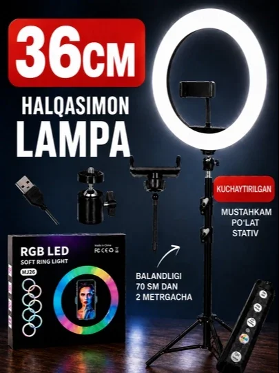 RGB Ring Light MJ-36 14 dyuymli halqasimon LED chiroq, shtativ va telefon tutqichi bilan
