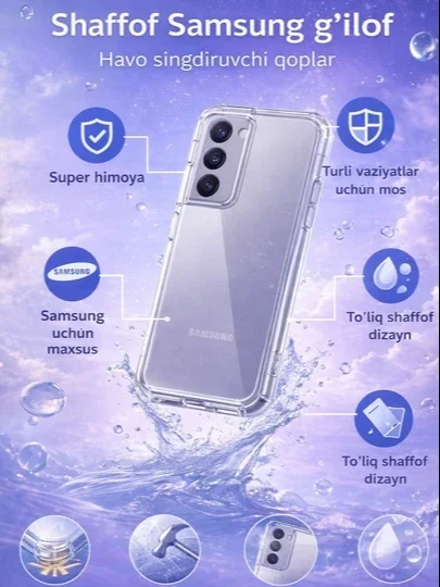 Samsung uchun havo amortizatsiyasiga ega shaffof himoya g‘ilofi