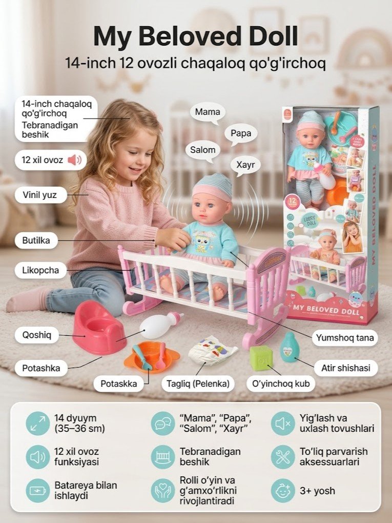 "My Beloved Doll" — beshigi bilan chaqaloq qo'g'irchoq to'plami, 12 ovozli, 14 dyuym (to'liq parvarish aksessuarlari bilan)  g103d    17510
