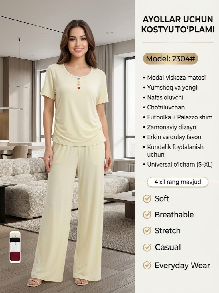 Ayollar uchun kostyum to'plami, model 2304# — futbolka va keng shim (palazzo)    a3q17d    17835