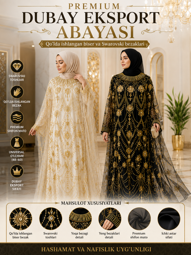 Eksklyuziv biserli va Swarovski toshli abaya (Dubay eksport varianti)   b72d