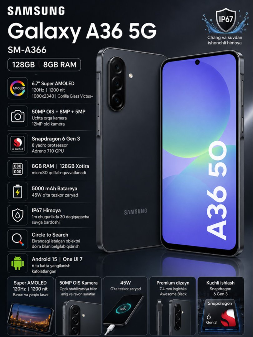Samsung Galaxy A36 5G SM-A366 128GB 8GB Ram Smartfon Qora   15048