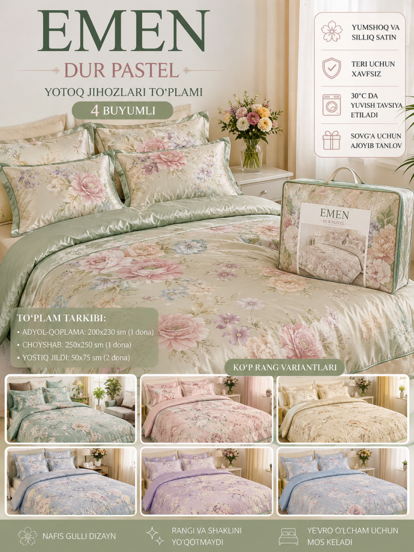 EMEN brend "Dur Pastel" yotoq jihozlari to'plami — Gulli satin dizayn, 4 buyumli, ko'p rang variantida  a3q5aq13d  15870