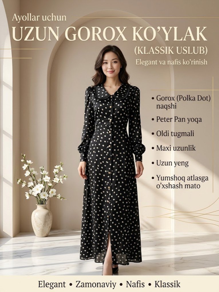 Ayollar uchun uzun ko'ylak — gorox (polka dot) naqshli, tugmali fason  b5q86d  17779
