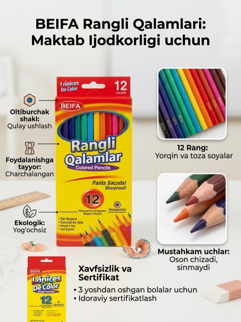 Plastik rangli qalamlar Beifa MK1-12B1, 12 rang