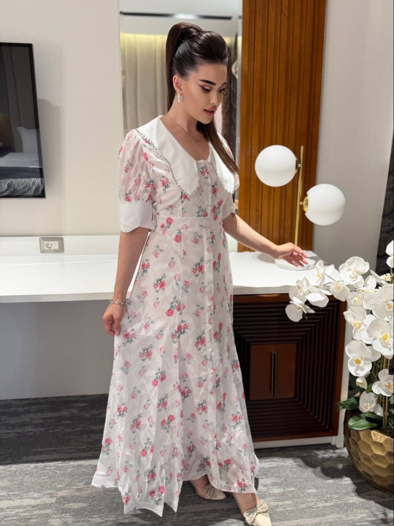 Ayollar uchun Premium Guanchjou shifon ko'ylak – Katta yoqali, gulli va astarli yozgi ko'ylak (M, L, XL)  18229  b.3b.8q.564d