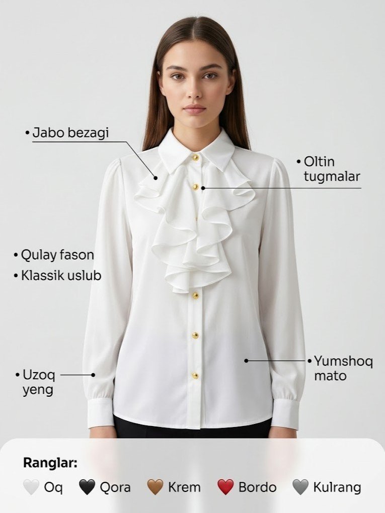 Jabo (rюш) bezakli, oltin tugmali klassik bluzka  b2b6q372d  18183