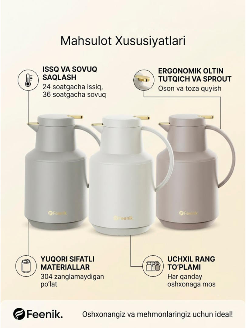 Premium uslubdagi 1.5 litrli Feenik shisha kolbali vakuumli ko'za-termos  18142  c.2q.23d
