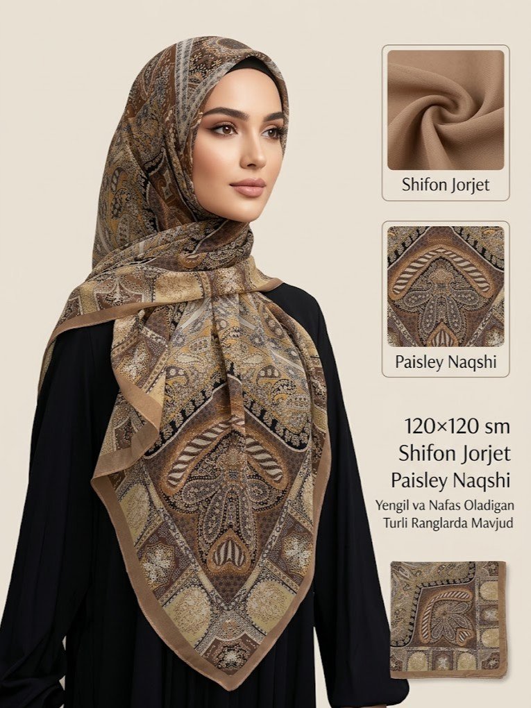 Pеyzli (sharqona) naqshli hijob ro'mol - Shifon jorjet, 120x120 sm   adq9d  17388